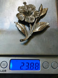 Large Sterling Silver Hibiscus Tropical Flower Etched High Relief Brooch Pin 24g