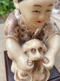 Antique Vintage Asian Oriental Woman Girl Dog Figurine Art Carved Resin Statue