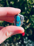 Sterling Silver 925 Oval Turquoise Stone Feather Scroll Ring 5.16g Size 6.5