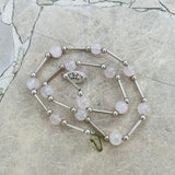 Vintage Artisan Pink Rose Quartz Stone Sterling Silver Long Bead Necklace