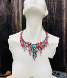 Vintage Faux Turquoise Stone & Coral Beaded Choker Collar Bib Statement Necklace