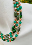 Artisan 3 Strand Green Art Glass Bead Faux Pearl Rose Gold Tone Fashion Necklace