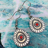 Silver Tone Mandala Red Stone Pierced Dangle Drop Hanging Fashion Earrings