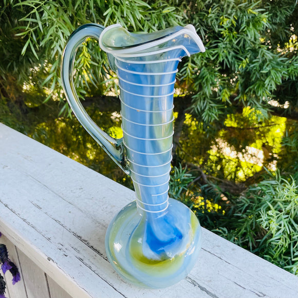 Unique Blown Art Glass Blue Yellow Green Swirl Decorative Vase Pitcher w Handle