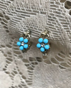 Vintage 1928 Signed Rhinestone + Blue Stone Flower Hoop Pierced Earrings