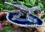 Pewter Dragon w Crystal Ball on Blue Agate