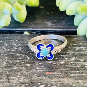 Vintage Sterling Silver 925 Blue Enamel Turquoise Stone Floral Ring SZ 5.5