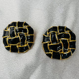 Vintage Gold Tone Black Enamel Cross Hatch Basket Weave Fashion Pierced Earrings