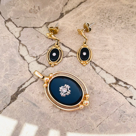 Vintage Avon Art Deco Style Rhinestone Earrings Pendant Gold & Black Tone Set