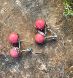 Sterling Silver 925 Pink Coral 8mm Round Stone Rhinestone Pierced Earrings