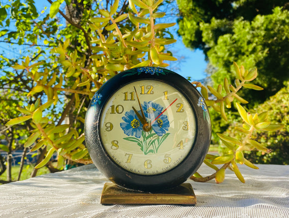 Vintage Floral U.S. Time Corp. Bedside Wind Up Alarm Clock Hand Painted Flowers