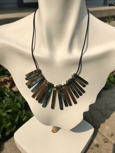 Vintage Tribal Hand Painted Mixed Metals Blue + Gold Tone Statement Necklace