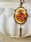 Signed Fragonard Victorian Couple Ceramic Cameo Painted Locket Chain Necklace