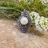 Vintage 925 Sterling Silver Marcasite Faux Pearl Ring 5.43 grams Size 8