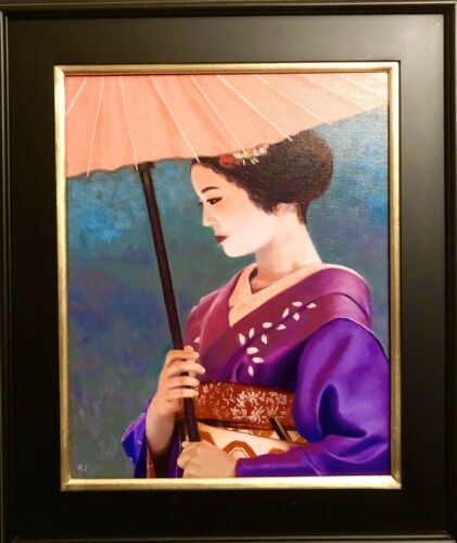 Orange Umbrella Geisha From Tokyo Oil On Canvas Artist Signed Original Painting