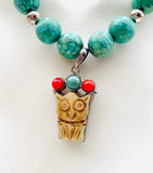 Sterling Silver Signed 925 Turquoise Coral Carved Owl Bead Pendant Necklace