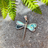 Vintage Sterling Silver 925 Abalone Dragonfly Gemstone Pendant Charm 3.5