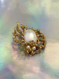 Vintage Turquoise Gold Tone White Seed Pearl Spider Pin Brooch