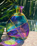Vintage Rainbow Gold Tone Handmade Glass Art Vase Decor Artist Signed VE