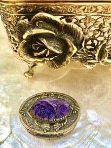 Antique WL Walter Lampl Amethyst Gem Stone Brass Jeweled Ornate Trinket Pill Box