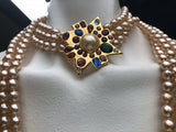 Kenneth J Lane Multi Color Rhinestone Maltese Cross Faux Pearl 3 Strand Necklace