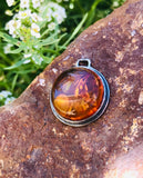 Antique Sterling Silver 925 Genuine Amber Round Circular Charm Pendant