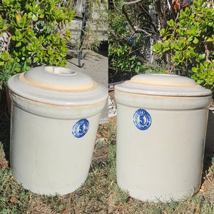 Antique 5 Gallon Ceramic Crock Pot Blue & White Complete With 56 Lid Rare