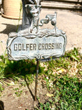 Vintage Bronze Patina Metal Golfer Crossing High Relief Garden Art Sign