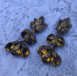 Rare Joseff of Hollywood Signed Gold Leaf +Citrine/Amber Dangle Clip On Earrings