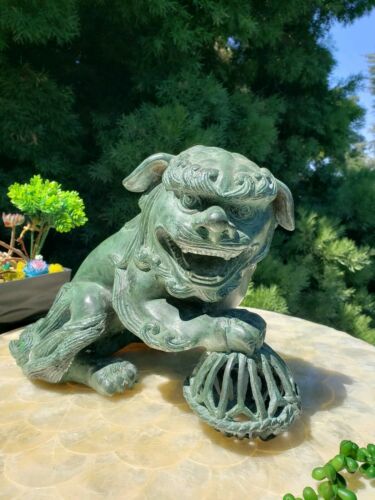 Chinese Verdigris Patina Bronze Metal Animal Fengshui Foo Fu Dog Lion Statue