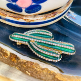 Vintage Enamel Emerald Green Cactus Desert Rhinestone Fashion Brooch Pin