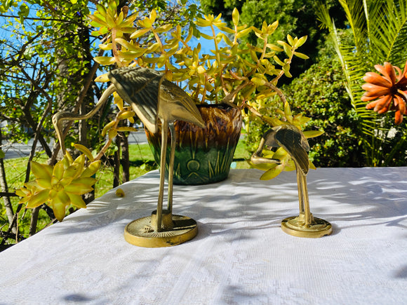 Vintage Brass Crane Mother & Baby Bird Art Collectible Decor Figurine Set of 2
