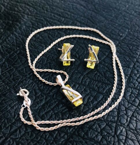 Vintage Sterling Silver 925 Modernist Yellow Stone Earrings + Necklace Set