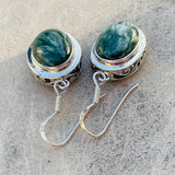 Sterling Silver 925 Green Seraphinite Charoite Gem Stone Round Earrings 6g