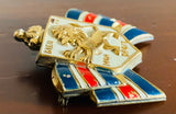 Vintage Gold Tone Red White Blue Dieu Et Mon Drqit Lion Ribbon Brooch Pin Badge