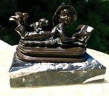 Antique Bronze A Moreau Signed Boy + Girl Statue Bookends Mounted on Marble Rare