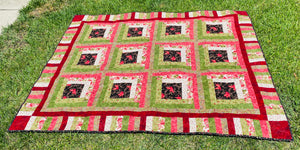 Vintage Hand Made in Martinez CA Green Red White Quilted Textile Blanket