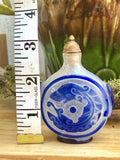 Chinese Carved Peking Glass Blue Overlay Dragon Tigers Eye Stone Snuff Bottle