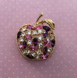 Vintage Goldtone Apple Brooch Pin W Pink And Purple Rhinestones