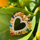 Vintage Trifari Crown "Dearest" Gold Tone Multi Stone Rainbow Heart Pendant