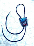 Vtg Native American Signed Sterling Silver Turquoise + Coral Bolo Tie