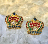 KJL Kenneth J Lane Crown Vintage Faux Ruby Emerald Sapphire Rhinestones Earrings