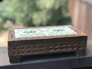 Antique Mexican Ceramic Green And White Floral Tile Wood Carved Box