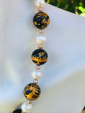 Signed Meico Asian Black Stone With Gold Etched Dragons Faux Pearl Bead Necklace