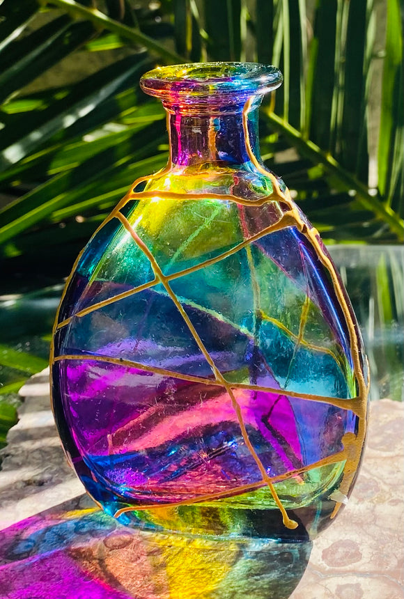 Vintage Rainbow Gold Tone Handmade Glass Art Vase Decor Artist Signed VE