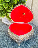 Vintage Ornate Sliver & Red Tone Heart Shaped Trinket Keepsake Box Made in Japan