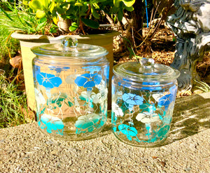 Blue Flower Clear Glass Translucent Cookie Jar Lid Set of 2 Container Canisters