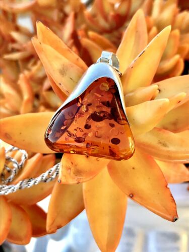 Vintage Genuine Amber Triangular Modernist Sterling Silver 925 Italy Rope Chain