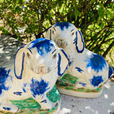 Vintage Chinese Ceramic Painted Blue & White Rabbit Bunny Art Figurine Set of 2
