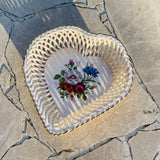 Amadeus Porcelain Lace Woven Heart Floral Basket Bowl Dish Signed Hungary